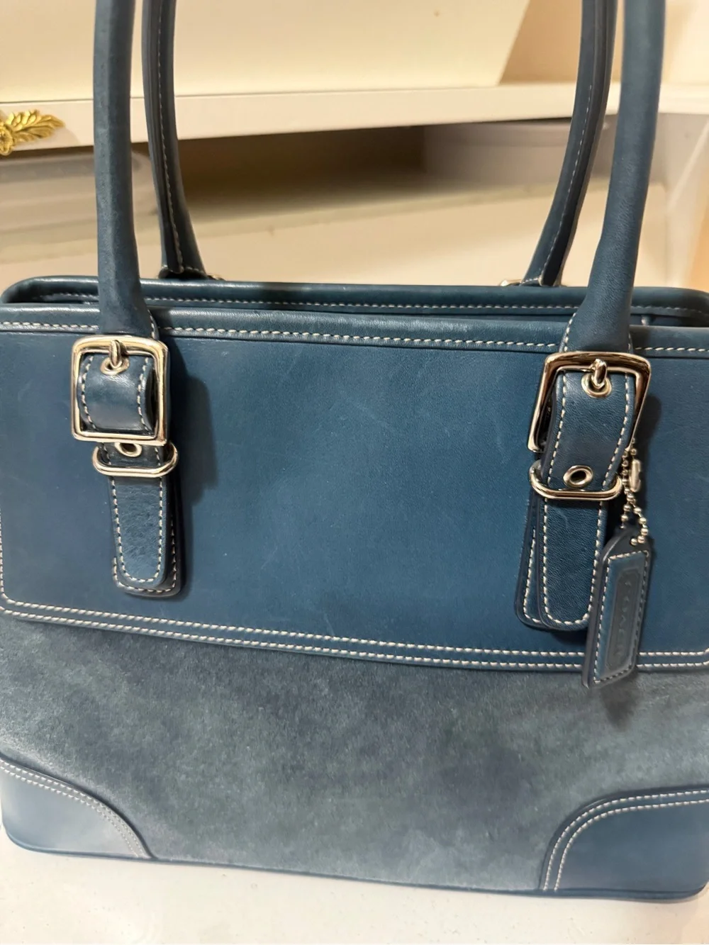 Suede and leather handbag, Coach Hampton satchel